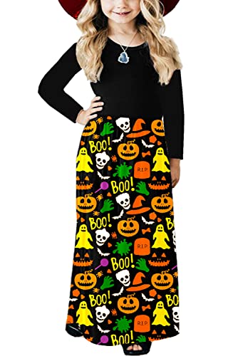 Image of Halloween Girls Pumpkin Boo Dresses Cute Party Long Sleeve Halloween Outfit 13-14 Years