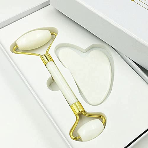 Guasha, Gesichtsroller, Schönheitsroller, Hautpflege-Werkzeuge, Gesichts-Guasha-Massagewerkzeuge, Gua-Sha-Werkzeuge for Gesichts- und Körper-SPA, 100% originaler natürlicher Jadestein /47 (Color : W