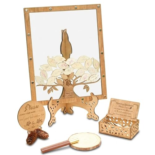 Image of Personalized Maple Tree Wedding Guest Book Alternative, Fall Leaf Drop Box | Rustic fall wedding guest book alternative; guests drop wooden leaf hearts into personalized maple tree keepsake box
