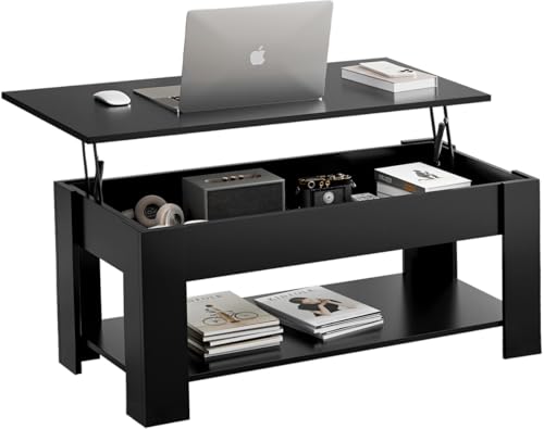 Blisswood Coffee Table With Storage, Lift Up Coffee Tables for Living Room, Wooden Coffee Table With 1 Shelf Large Hidden Storage Modern Rectangular Sofa End Lift-Top Tea Table Furniture (Black)