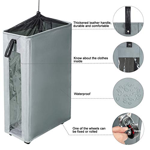 Zero Jet Lag 62L Large Slim Rolling On Wheels Laundry Hamper Basket Clear Window Visible Dirty Clothes Hamper Clothes Storage Standable Corner Handy Bin (25 Inches,Grey) #TOP3
