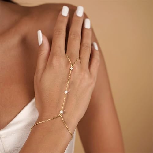 Image of Long tiantian Hand Chain Bracelet Gold Link Finger Ring Slave Bracelet