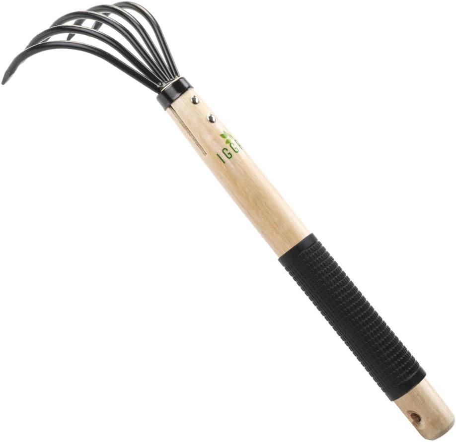 Garden Rake with Ergonomic Wooden Handle for Firm Grip, Military Grade Steel Hand Garden Tool Wood Japanese Ninja Claw Rake for Perfect Pulverized and Aerated Soil, Gardening Weeding