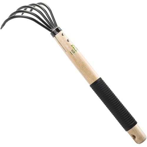 Garden Rake with Ergonomic Wooden Handle for Firm Grip, Military Grade Steel Hand Garden Tool Wood Japanese Ninja Claw Rake for Perfect Pulverized and Aerated Soil, Gardening Weeding