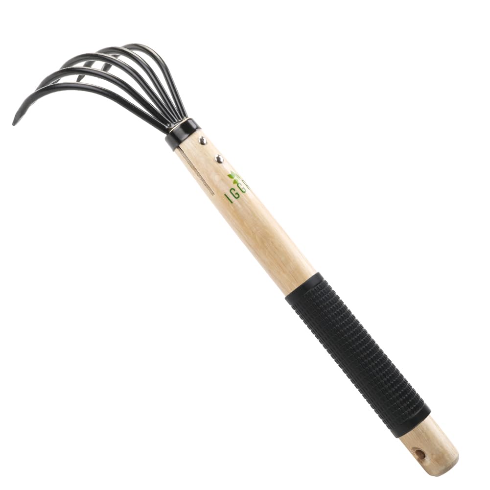 - Garden Rake with Ergonomic Wooden Handle for Firm Grip, Military Grade Steel Hand Garden Tool Wood Japanese Ninja Claw Rake for Perfect Pulverized and Aerated Soil, Gardening Weeding
