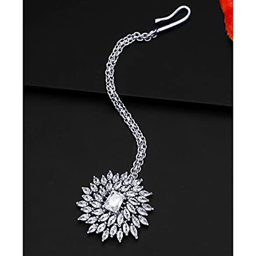 Yellow Chimes Maang Tikka for Women Beautiful AD/American Diamond Studded Rhodium Plated Crystal Maang Tikka for Women and Girls. - Image 3
