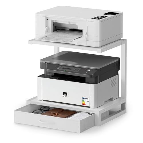 OYRREU Meuble Imprimante de Bureau à 2 Niveaux avec tiroir en Tissu et étagère Ouverte, Table de Rangement pour imprimante, Bureau, imprimante 3D, fax,...