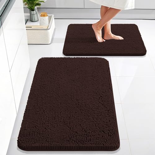 Image of OLANLY Bathroom Rugs Sets 2 Piece, Soft Absorbent Chenille Bath Mats Area Rug Set, Non-Slip, Quick Dry, Machine Washable Bath Mats for Bathroom, Home Decor Accessories (30 inchx20 inch+24 inchx16 inch, Brown)