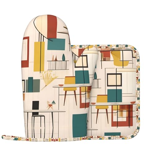 Juego de guantes de horno y soportes para ollas modernos de mediados de siglo, antideslizantes y resistentes a altas temperaturas, fáciles de limpiar y colgar.