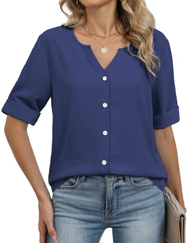 Image of OFEEFAN Button Down Shirts for Women 3 /4 Length Sleeve Tops V Neck Blouses Business Casual Outfits Loose Fit