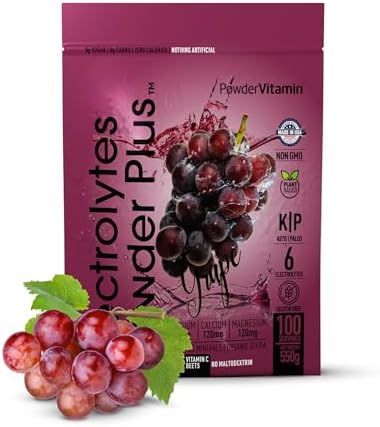 PowerVitamin Grape Electrolytes Powder No Sugar for Daily Energy – Keto Electrolytes – Hydration Powder with 1000mg Potassium, 120mg Calcium, Magnesium, Organic Vitamin C, 100 Servings