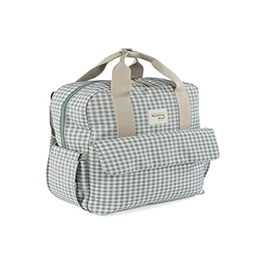 Walking Mum. Bolso Mochila I Love Vichy. Bolsa pañalera para silla de paseo. Diseño versátil con asas cortas y correas para llevar en los hombros. Color Verde. Medidas 37X28X12 cm.