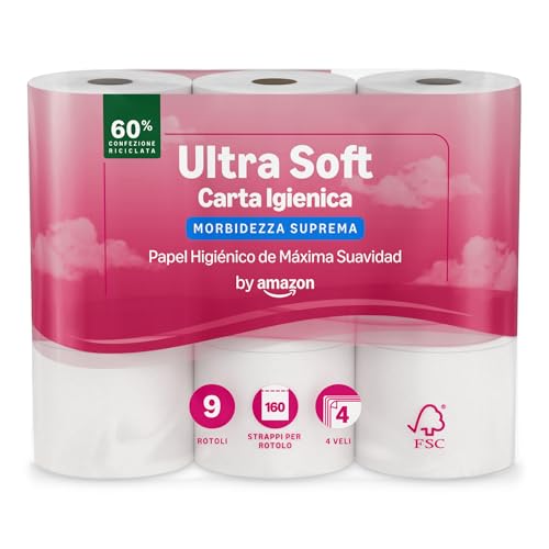by Amazon, Carta Igienica Ultra Morbida, 4 Veli, 9 Rotoli (1 Confezione da 9), 160 Strappi per Rotolo, Certificata FSC