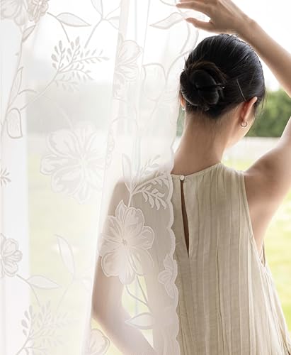 Image of White Lace Sheer Curtains for Living Room 84inch Vintage Rose Botanical Floral Leaf Lace Window Curtain Panel with Decorative Scalloped Edge for Bedroom 54 inch W 2pcs Rod Pocket 7ft flool Length