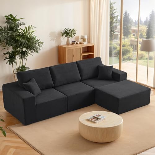 INGEROOM 108" Cloud Sectional Couch with Chaise, Modular L-Shaped Sofa, Deep Seat Comfy Corduroy Memory Foam Couch for Apartments, Dorms or Small Space, No Assembly Required, Black