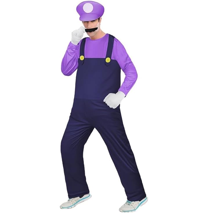 BSBUY Cosplay Kostüm 4 Pcs Super-Brothers Cosplay mit Mütze Hose Bart Handschuhe Super-Brüder Wario Kostüm Set Männer Damen Erwachsene Outfit Kostüm für Karneval Party Faschingskostüme