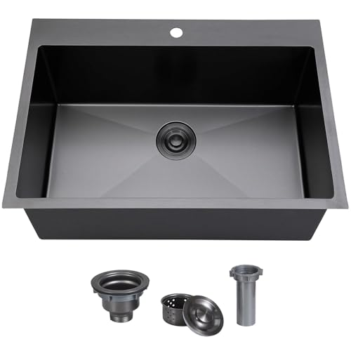 Image of 28 x 20 Inch Drop in Black Kitchen Sink, Gunmetal Black Top Mount Stainless Steel 9 Inch Deep Single Bowl Laundry Utility Wet Prep Sink