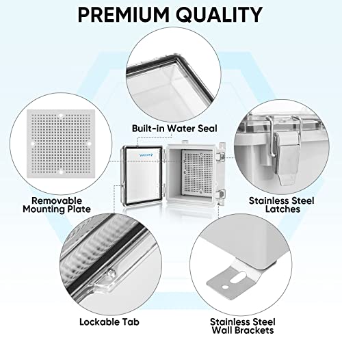 Image of TICONN Waterproof Electrical Junction Box IP67 ABS Plastic Enclosure with Hinged Cover with Mounting Plate, Wall Brackets, Cable Glands (Clear, 5.9 inchx5.9 inchx3.5 inch)