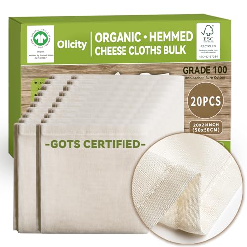 Organic Cheesecloth Bulk, GOTS Certified,20PCS,Grade 100,20x20Inch Hemmed Cheese Cloths Fabric