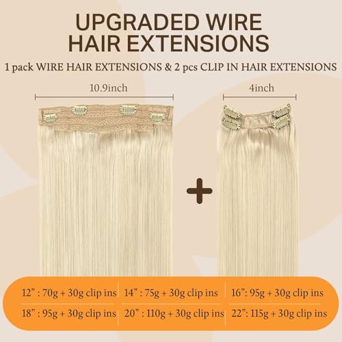 Image of DOORES Wire Hair Extensions, Platinum Blonde 14 Inch 75g Fish Line Weft Extensions and 2pcs 30g Clip ins, 105g Invisible Wire Real Remy Human Weft Straight Transparent Seamless Hairpiece