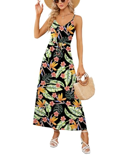 Image of HUSKARY Womens Summer Sleeveless V Neck Spaghetti Strap Pockets Beach Boho Vacation Casual Spring Maxi Dress