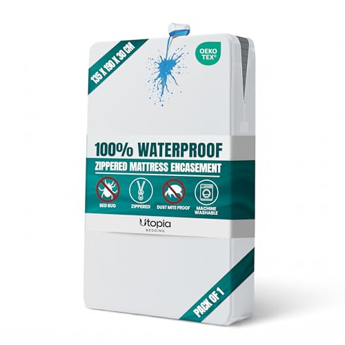 Utopia Bedding Waterproof Mattress Encasement Double Size (135 X 190 X 30 Cm), Zippered Mattress Protector Cover, Bed Bug & Dust Mite Proof, White