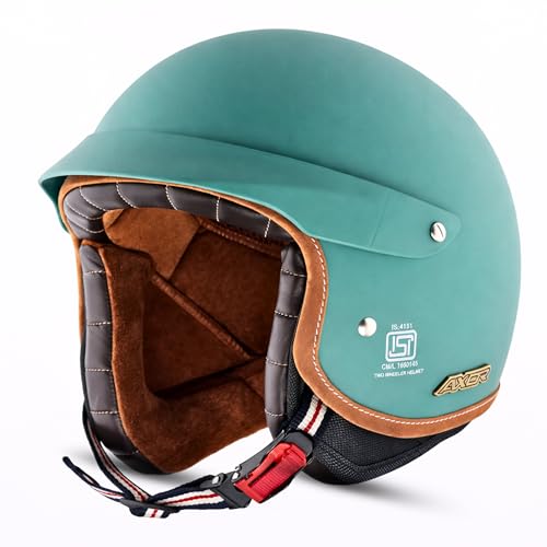 Image of Axor Retro Jet West with Peak ISI and DOT Certified Matte Finish Open Face Helmet for Men and Women with Stylish Peak- Dull Aqua Green-XL
