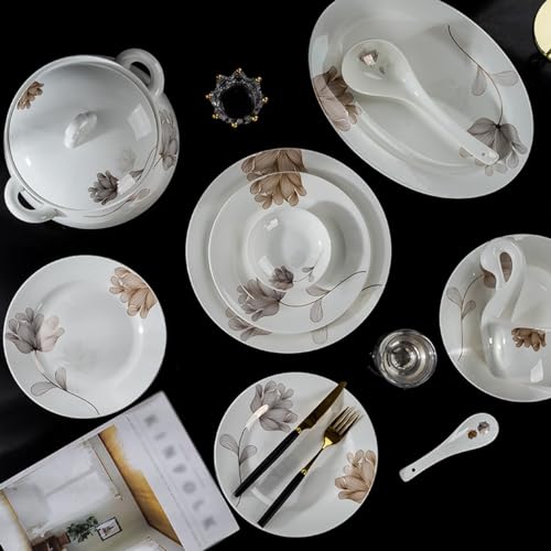 Zestaw zastawy stołowej z porcelany kostnej – 60 sztuk zastawy stołowej dla 8-10 osób, zawiera miski, talerze, łyżki i rondelki