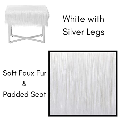 Birdrock Home Rectangular White Faux Fur Foot Stool Ottoman With Grey Legs - Vanity Chair - Soft Compact Padded Seat - Bedroom And Kids Room Chair - Metal - Fluffy Makeup Seat #TOP5