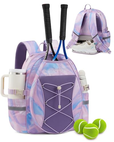 Sucipi Tennis Bag for Kids Professional Youth Tennis Bag Backpack to Hold 2 Rackets Tennis Gifts for Boys Girls Purple&Candy