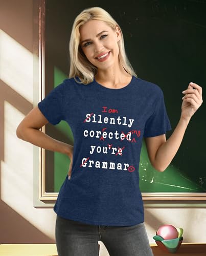 NEWKA Womens English Teacher Shirts Teaching T-Shirt Grammar Teacher Life Tee Top Blue