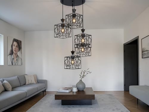 Image of Prop It Up Modern 5-Light Cluster Pendant Light | Industrial Geometric Metal Hanging Ceiling Lamp | Multi-Light Chandelier for Living Room, Dining Area, Staircase | E27 Holder (Black Finish)