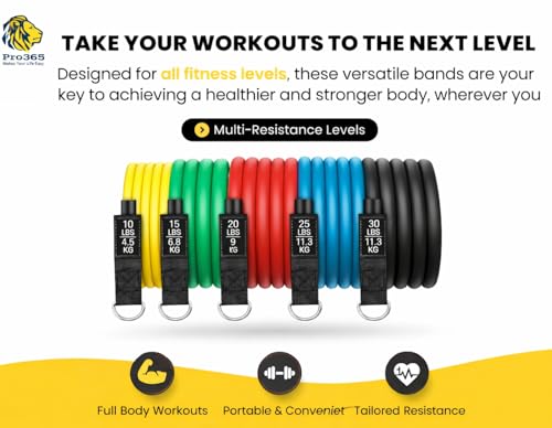 Image of PRO365 Premium Resistance Bands | Visible 100 Lbs Adjustable | Full Set | Thickened Door Anchor | Soft Cushioned Handles | Ankle Straps | Carry Bag | Instruction Manual | 6 Months Warranty