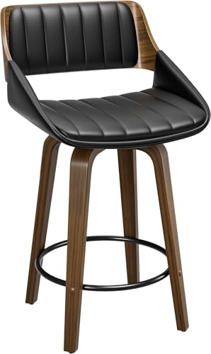 Image of YaFiti Swivel Bar Stools, 26 inch Counter Height Barstools, Mid Century Modern Counter Stools with Bentwood Back and Legs, Upholstered Faux Leather Bar Chairs for Kitchen Island, Bar, Dining Room, Black