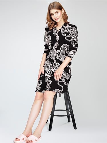 Image of ZEYO Women's Cotton Night Dress Leopard Printed Knee Length Night Gown 5791