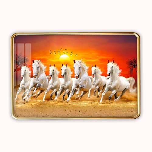Image of 7 Running Horses Photo Frame, Ultra High Gloss Lamination, Vastu Painting for Living Room, Office, 12x18 Inch (Design 24)