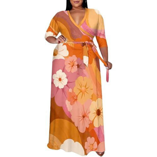 Image of SUZONANA Plus Size Maxi Dresses for Curcy Women Casual Loose 3 /4 Sleeve Long Dress with Belt