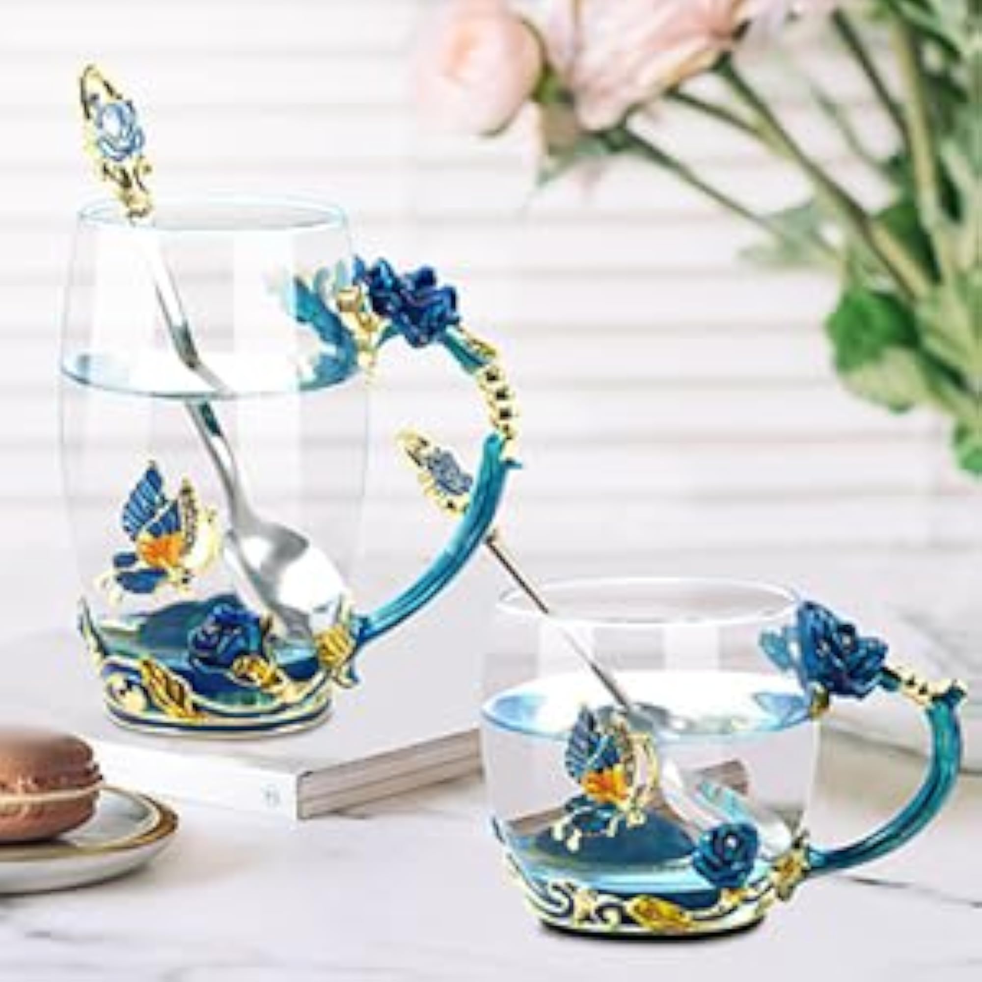 Coffee Cup Tea Mug with Spoon Set Handmade Enamel Butterfly Flower