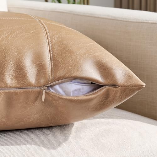 Fancy Homi 2 Packs Tan Decorative Throw Pillow Covers 20x20 Inch for Living Room Couch Bed Sofa, Beige Faux Leather Hand Stitched Cushion Case 50x50 cm, Taupe Modern Farmhouse Boho Home Decor by Fancy Homi - Image 3