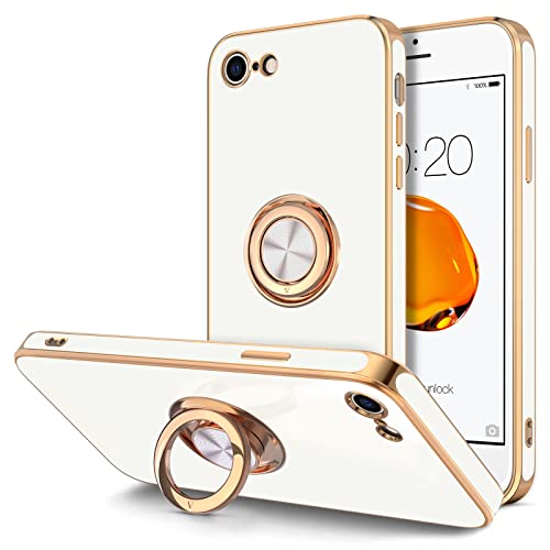 Hython Case for iPhone SE Case 2022/2020, iPhone 8 7 Case Ring Holder Stand Magnetic Kickstand, Plating Rose Gold Edge Soft TPU Bumper Cover Shockproof Protective Phone Cases Women Girls Boys, White