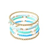 GOOJIDS Surfer Heishi Clay Bead Bracelets for Women Bohemian Stackable Light Blue Vinyl Disc Beaded