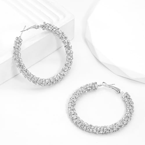 Ronglry Rhinestone Hoop Earrings for Women Glitter Hoop Earrings Bohemian Silver Sparkle Earrings Hoop Dangle Earrings for Women Large Hoop Earrings Crystal Party Earrings Prom Formal Jewelry4