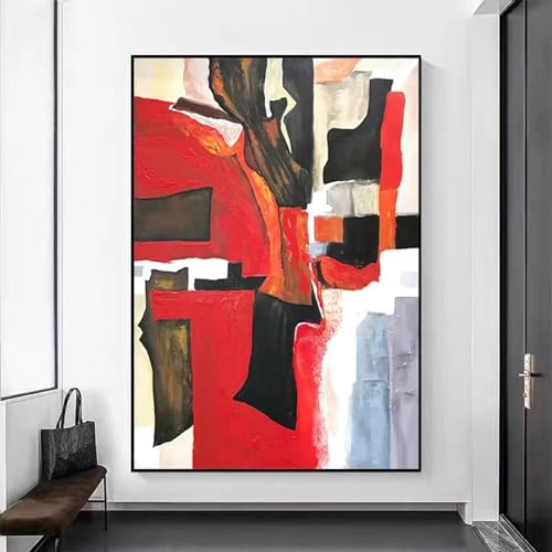 Art mural peinture colorée moderne texturée rouge noir grand format 90x140cm