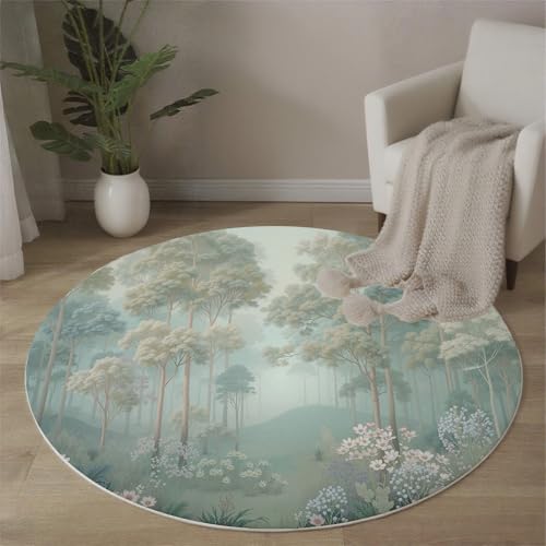 Tapis rond forêt de fleurs brumeuses 100 cm antidérapant lavable en machine