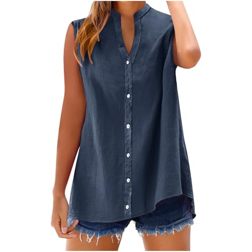 Womens Summer Sleeveless Cotton Linen Shirts Casual Notch V Neck Button Decor Tank Tops Ladies Beach Vacation Clothes Navy