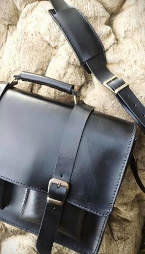 Hakiki Dana Derisi El Dikişli Deri Evrak Çantası, Omuz Askılı, Çok Gözlü, 35x26x9 cm, Laptop ve Tablet için İdeal,siyah,kahve,taba carzy renk seçenekleriyle, (Siyah Dana Derisi, 35X26X9cm) - Görsel 7