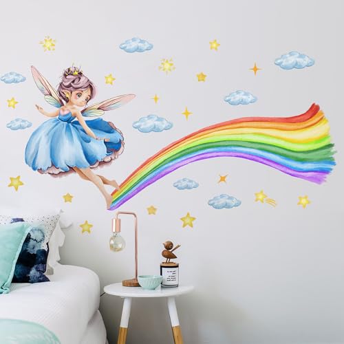 Vinilos decorativos de arcoíris mágico con hadas y nubes miniatura 6