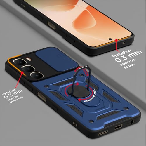 Image of Pikkme Back Cover for Infinix Hot 60 5G | 360 Protection Case | Sliding Camera Shield Cover & Ring Holder Stand D10 Tough Armor Bumper Case (Blue)