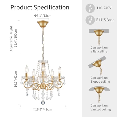 WUZUPS Chandelier Cristal Plafonnier Pendentif Flushmount Luminaire Moderne pour Chambre à Couloir Bar Cuisine Salle de Bain, H42 W43, Gold, Base E14 – vue 2