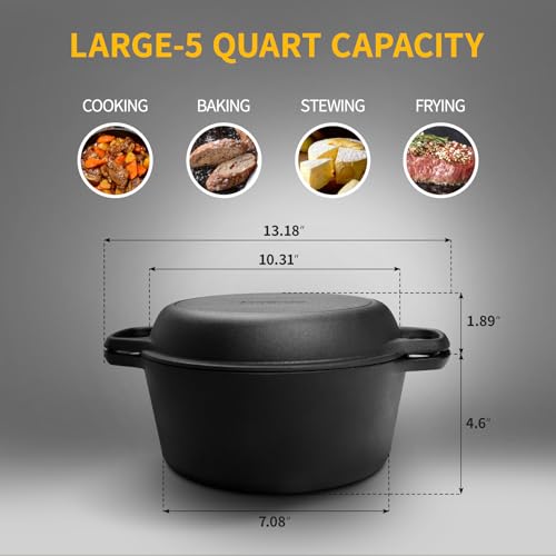 EDGING CASTING 2-in-1 Pre-Seasoned Cast Iron Dutch Oven Pot with Skillet Lid Cooking Pan, Cast Iron Skillet Cookware Pan Set with Dual Handles, Indoor Outdoor for Bread/Frying/Baking/Camping/BBQ, 5 Qt by EDGING CASTING - Image 3